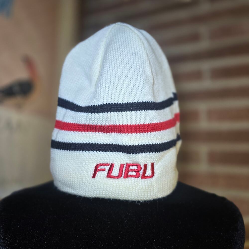 Vintage FUBU Striped Knit Beanie Hat 90s Y2K Hip Hop White Red Navy Blue